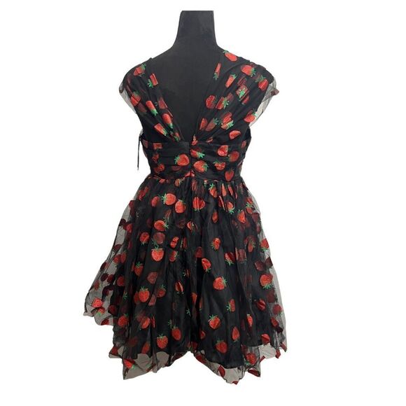 Unique Vintage Black Glitter Strawberry Print Babydoll Dress - Picture 4 of 13